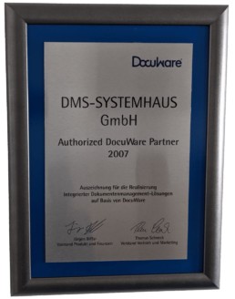 Auszeichnung DMS-SYSTEMHAUS GmbH als DocuWare Partner im Jahr 2007